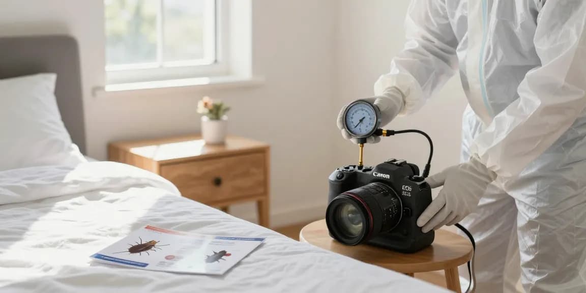 Professional conducting bed bug heat treatment in a bright bedroom to ensure effective pest control