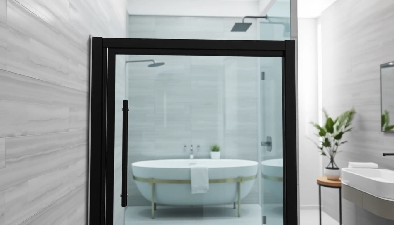 Showcasing black frame shower doors in a modern bathroom with sleek design elements and soft lighting.