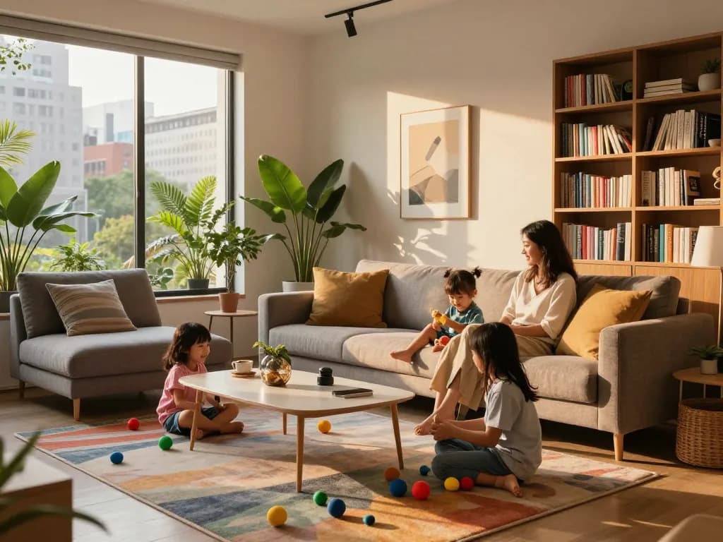 Urban living blogs showcasing a family enjoying time in a modern living room.