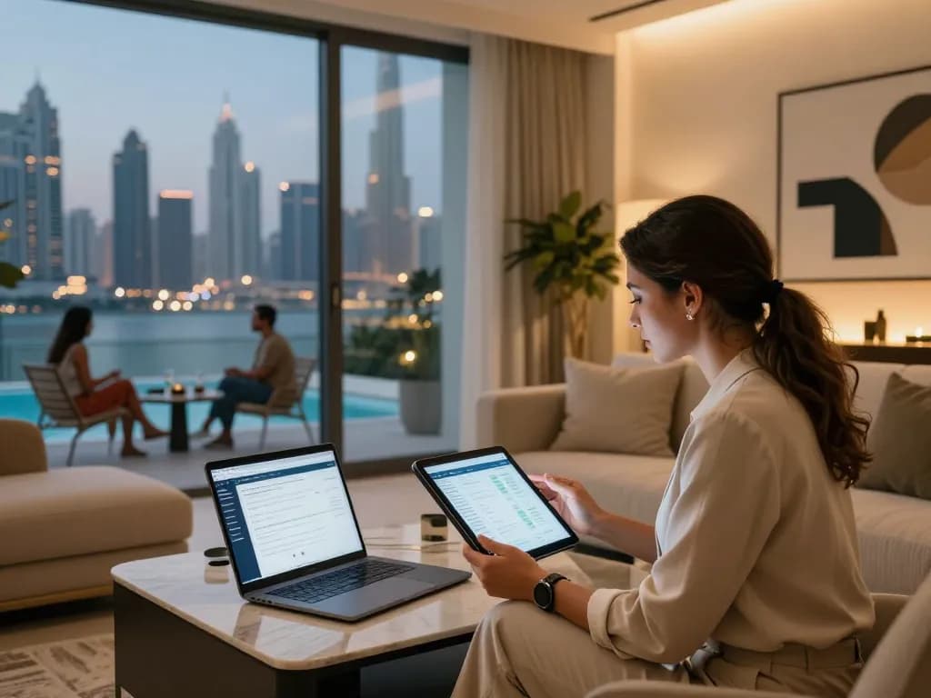 airbnb management dubai professional managing property with skyline view