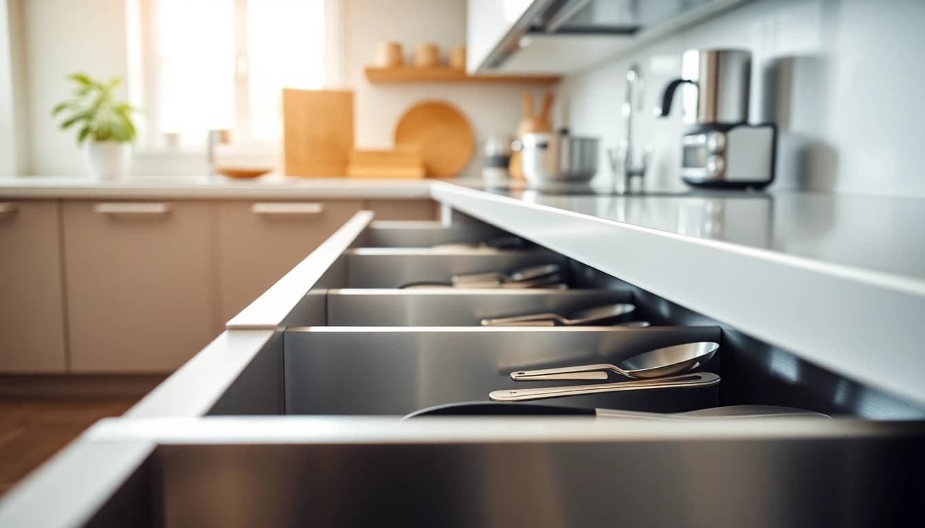 View of a Double Wall Drawer System with smooth functionality and sleek design in a modern kitchen.