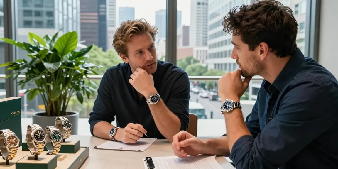 Engaging discussion on Rolex replica watches in an urban setting, showcasing luxury timepieces.