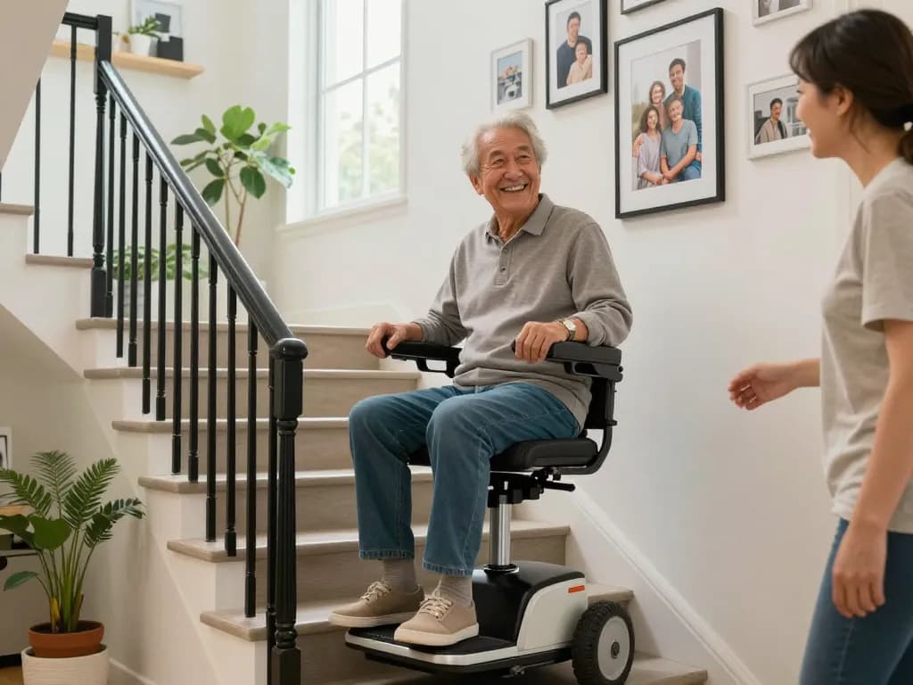 Older adult using a stairlift to navigate stairs safely and comfortably