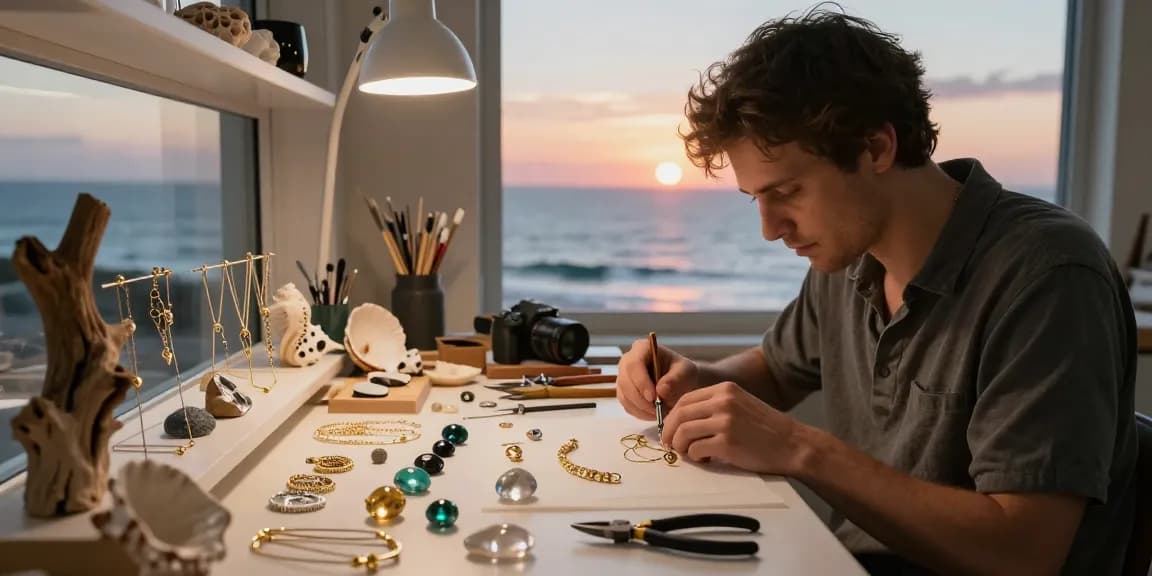 Handcrafted ethical jewellery uk inspired by the sea, showcasing an artisan at work in a cozy studio.
