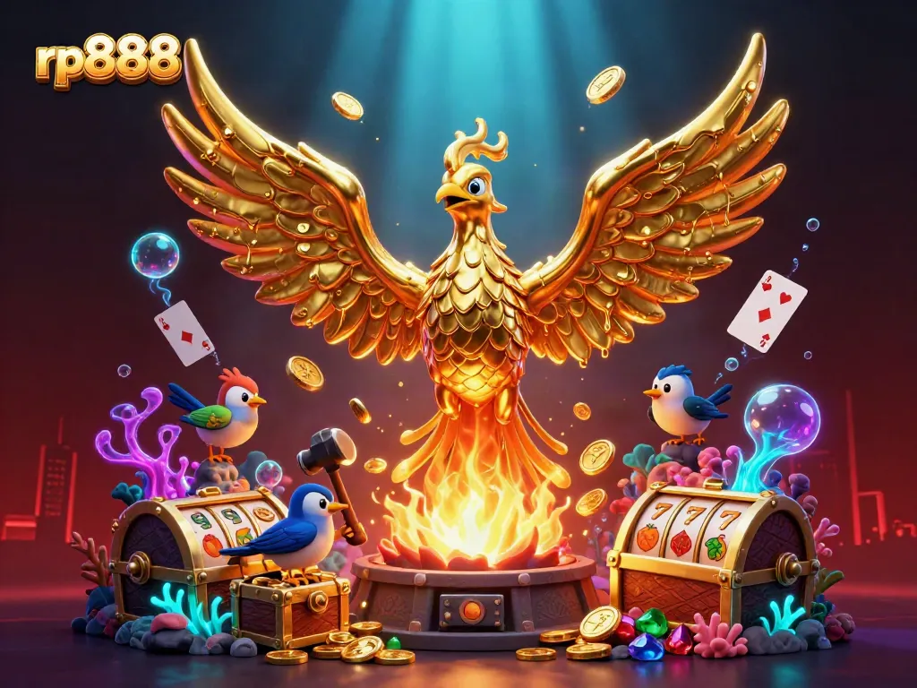 Engage with rp888 as you explore a 3D casino world featuring a golden phoenix and slot elements.
