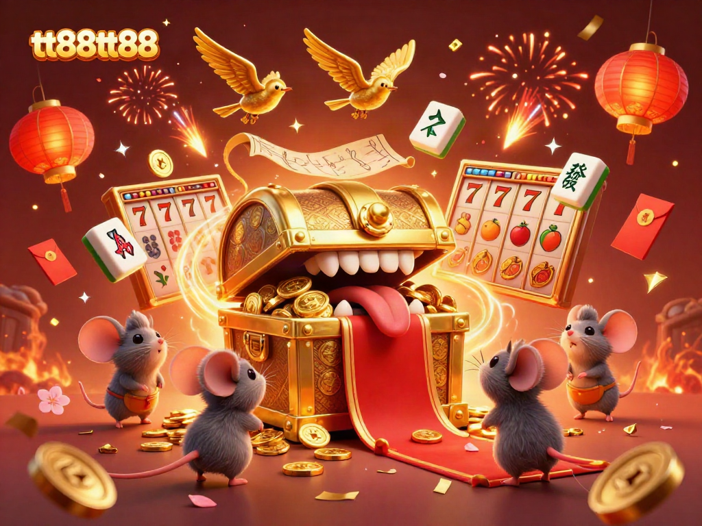 Engage with tt88tt88 in a captivating 3D casino scene filled with slot reels, vibrant treasures, and dynamic energy.
