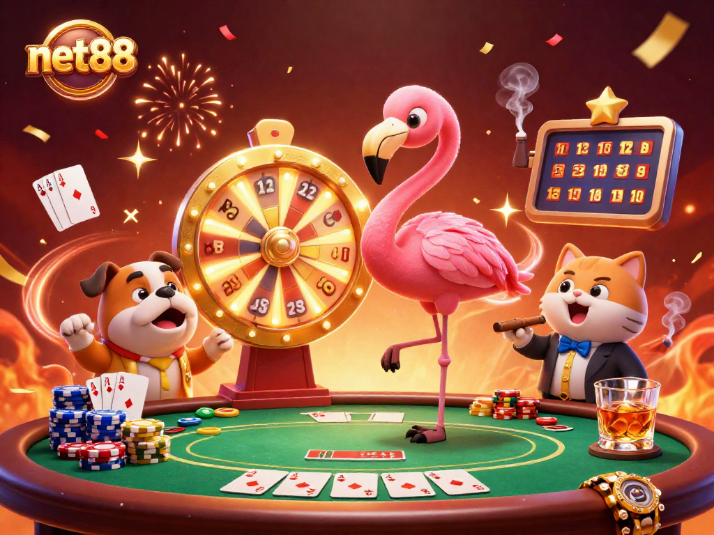 engaging scene of net88 with a flamingo host, bulldog contestant, and cat assistant in a dynamic casino setting