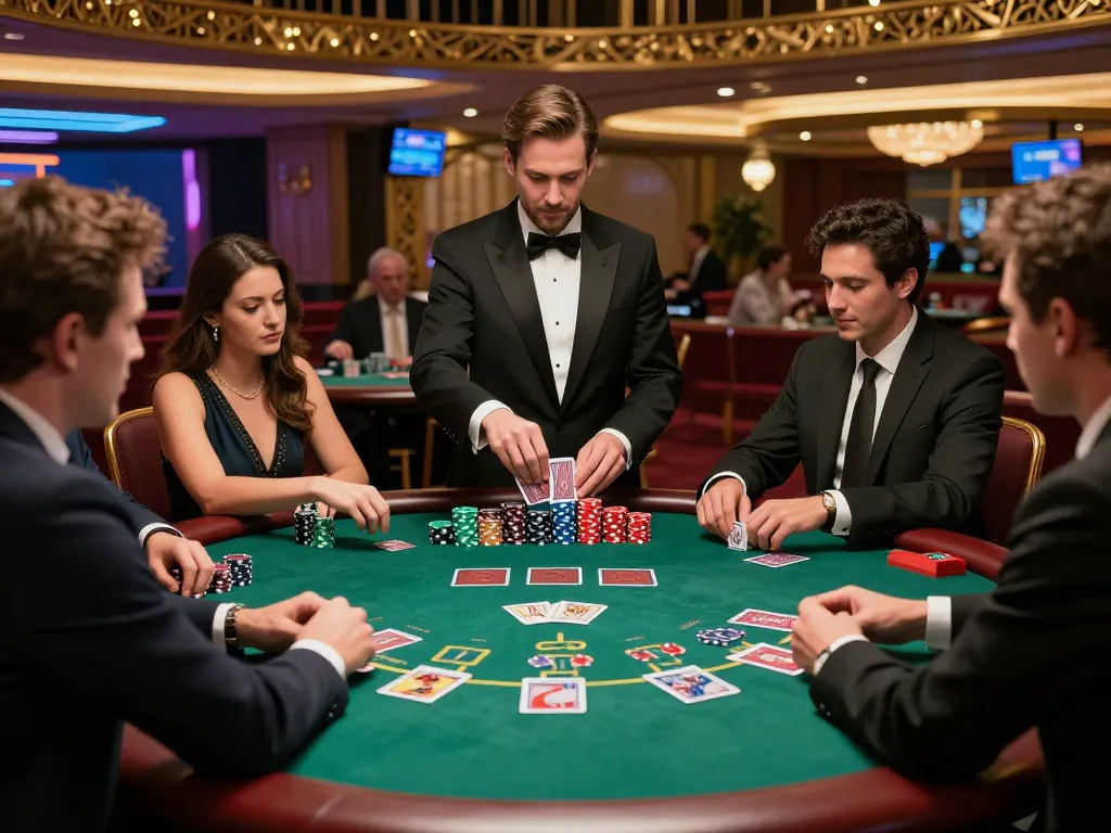 Players engaging in a thrilling blackjack game at a casino, showcasing strategic moves and high-stakes atmosphere with 7m chips.