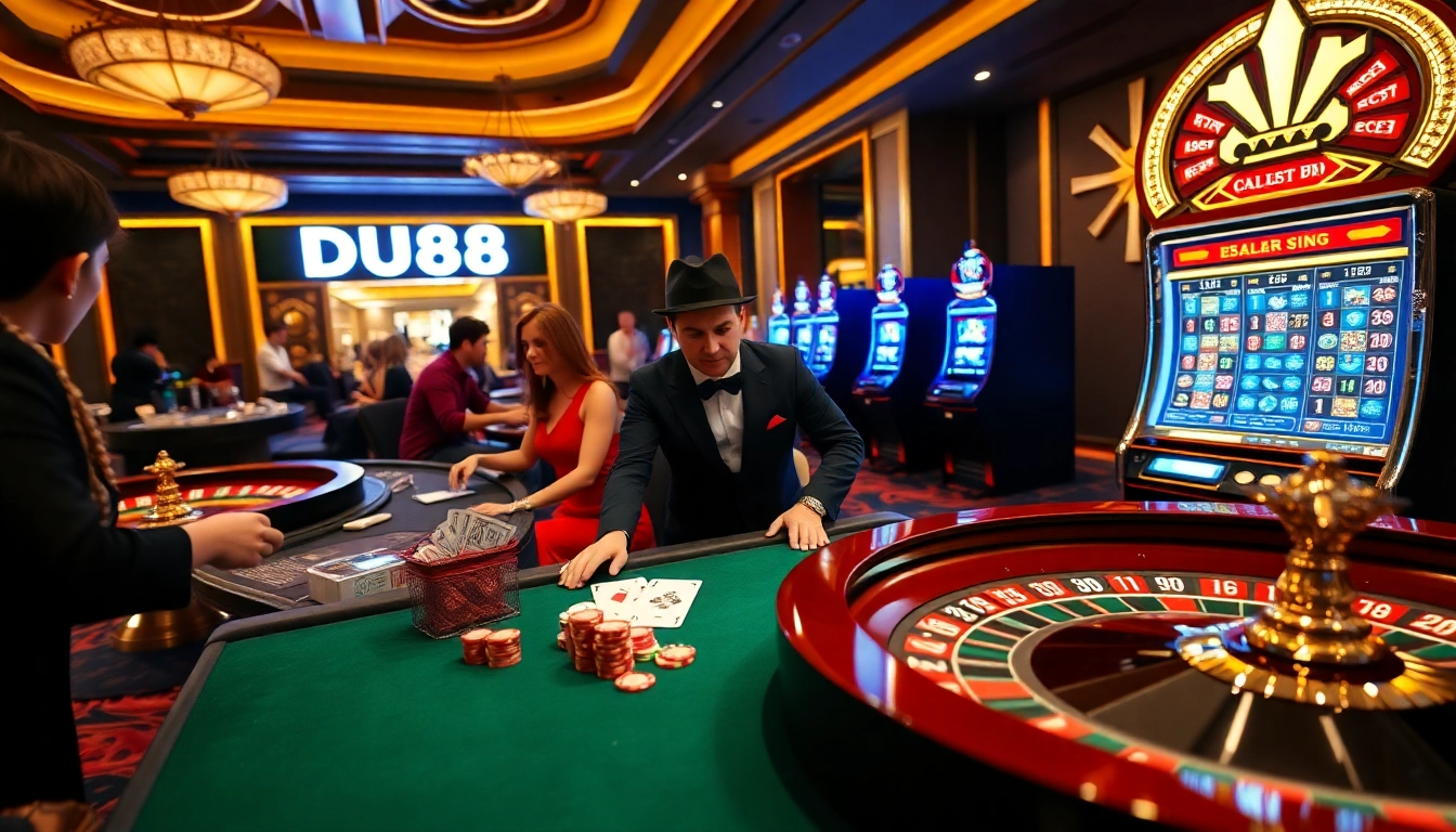 Experience the thrill of winning at DU88's exciting casino tables with poker chips and cards.