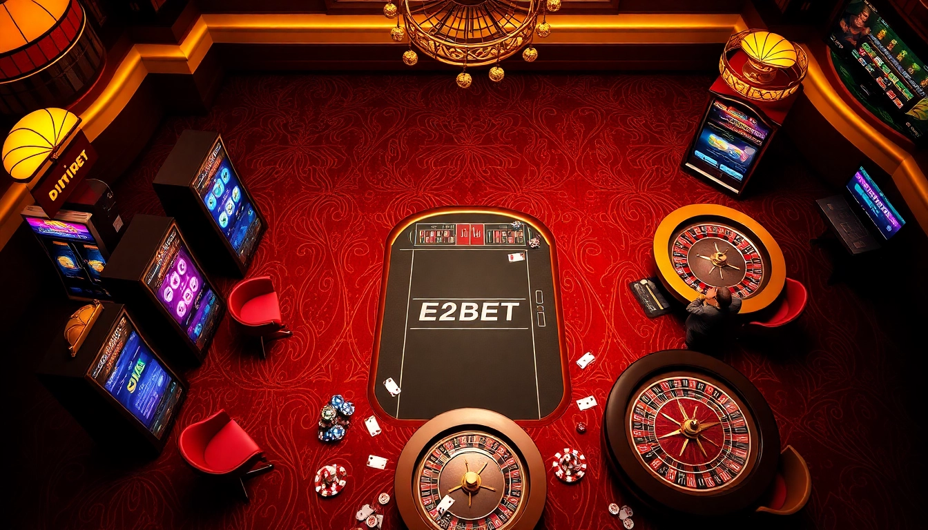 E2BET trang chủ showcasing vibrant casino elements with engaging games and luxurious atmosphere.