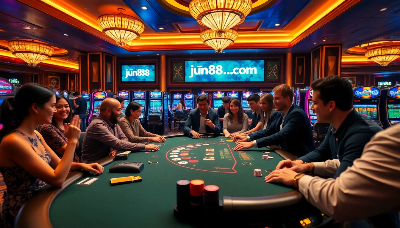 Players enjoying an exciting game at jun88.com casino, with vibrant slot machines and a lively atmosphere.