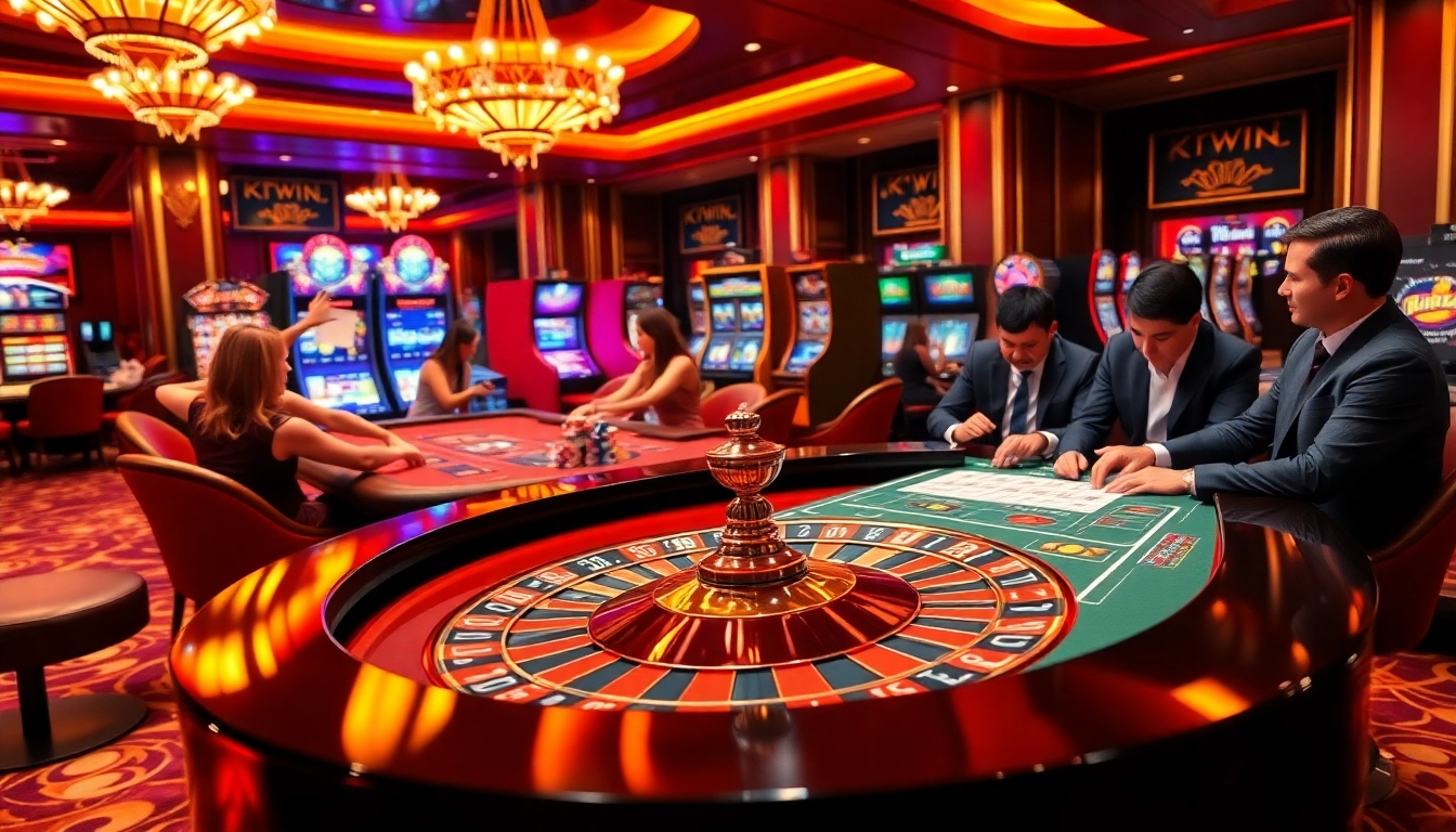 Experience the excitement at KKWIN.COM with a vibrant casino scene featuring poker players and roulette.