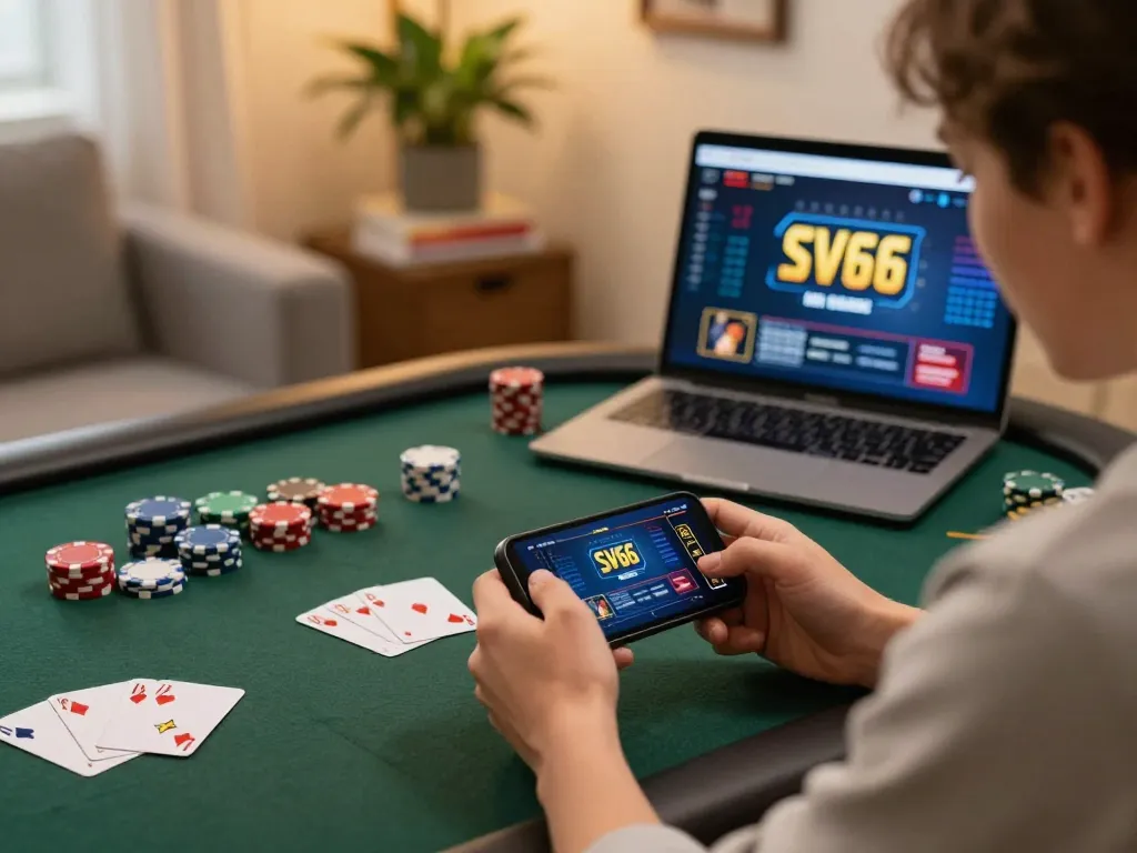 Player using the SV66 app on smartphone surrounded by poker chips, creating an engaging online gambling scene.