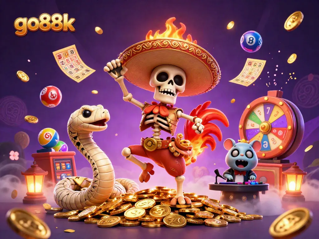Join the fun at go88k with a vibrant scene of a skeleton mariachi rooster, mummy snake, and DJ hamster celebrating casino wins!
