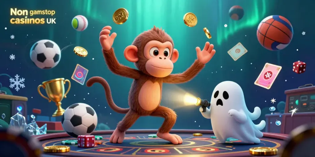 Engage with Non gamstop casinos UK scenery featuring a playful poltergeist monkey and a ghost-hunter puppy.