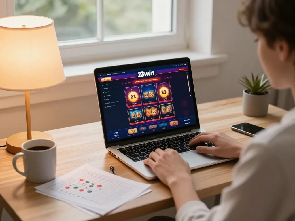 Engaging in online gaming on 23win in a cozy home office atmosphere with strategy notes