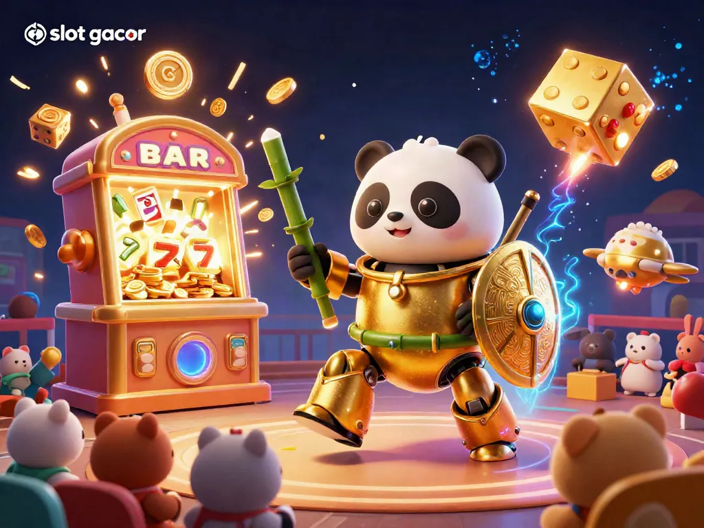 Experience the thrill of slot gacor with a vibrant 3D scene of a golden panda robot amidst a jackpot explosion.