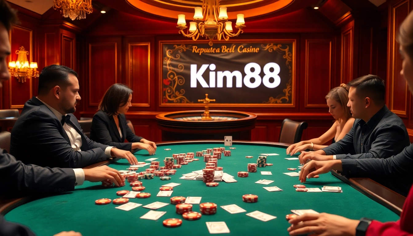 Players enjoying poker at nhà cái kim88 casino table with vibrant chips and thrilling atmosphere.