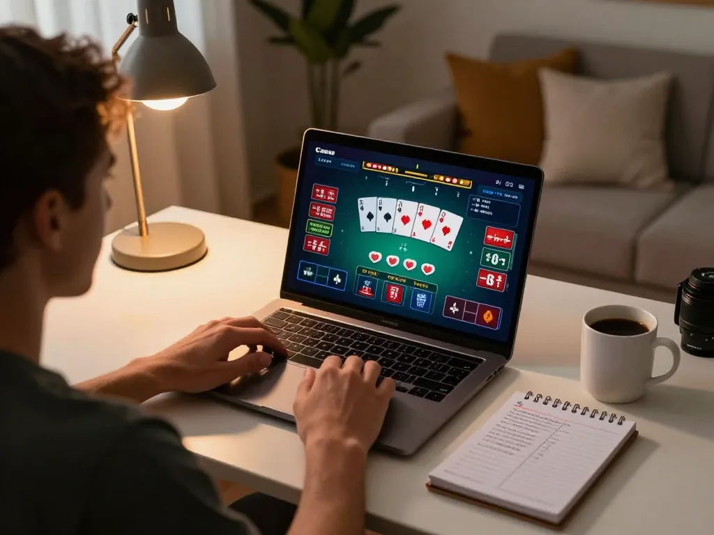 LV88 user enjoys a poker game on a laptop in a stylish home office, demonstrating responsible gambling.
