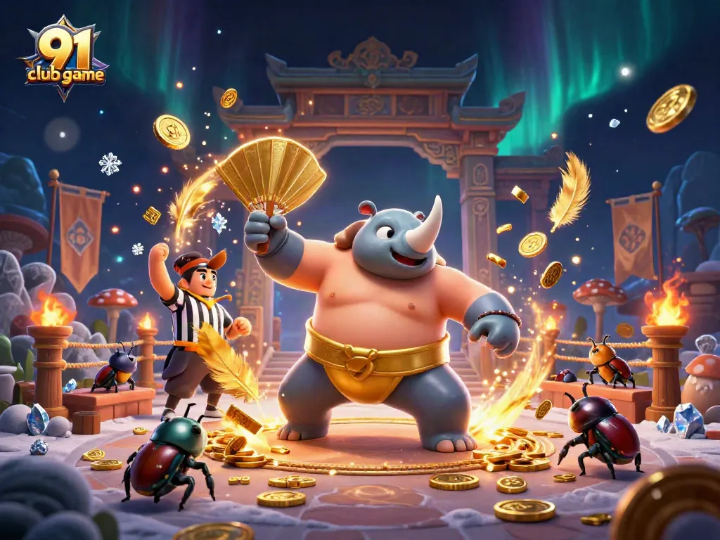 Experience the excitement of the 91 club game with a sumo beetle champion amidst vibrant gaming elements.
