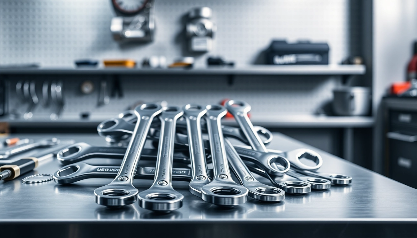 USAG spanners displayed on a stainless steel workbench in a professional workshop setting.
