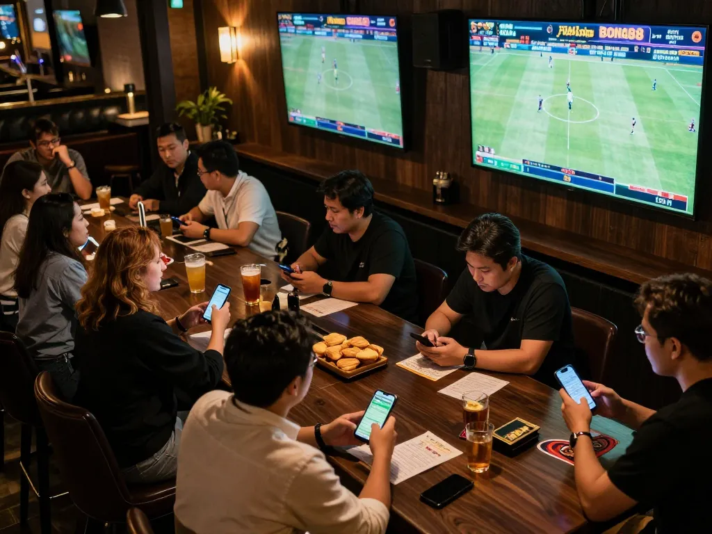 Bong88 sports betting patrons eagerly placing bets while watching live games on wide screens.