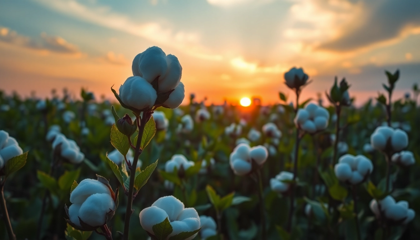 In een veld met katoenplanten stralen de oren in de zon terwijl de lucht oranje verlicht.