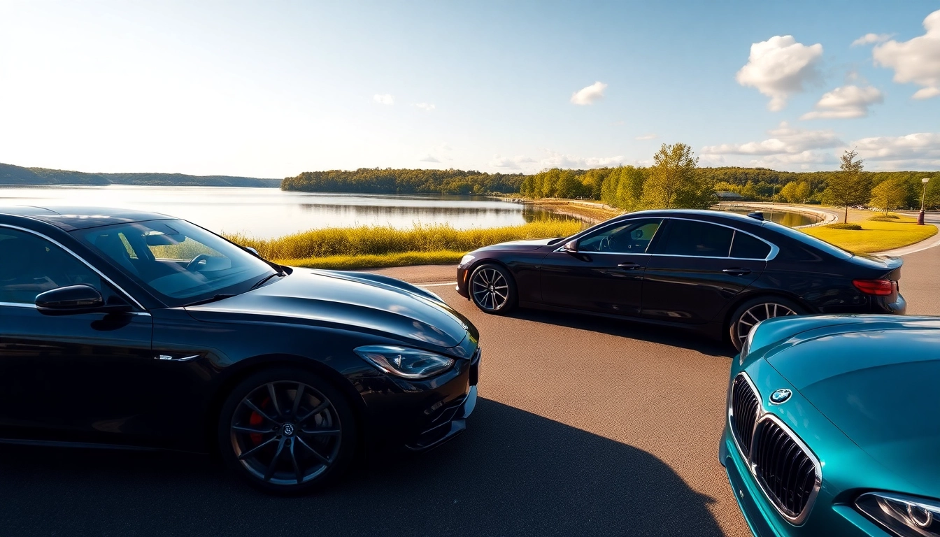 View of luxury cars by Virginia water's serene reflection and lush greenery.