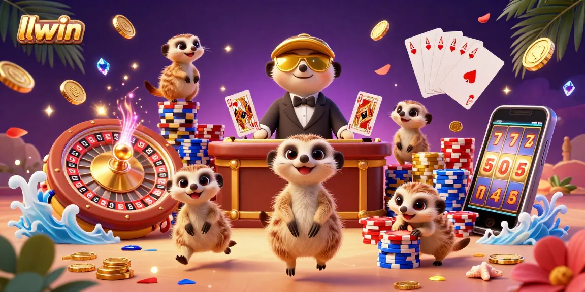 Engage with llwin in a vibrant casino scene featuring meerkats, cascading coins, and dynamic gaming elements.
