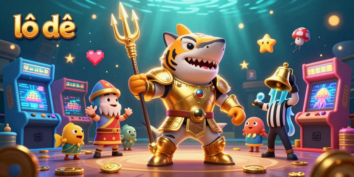Experience lô đề excitement with a golden armored shark in a vibrant underwater arcade scene.