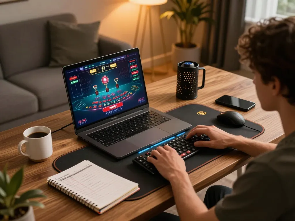 Person engaged with trang chủ IWIN laptop for live casino blackjack gameplay at home.
