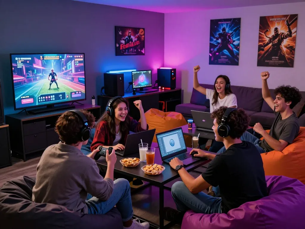 Exciting gaming lounge with friends playing a vibrant porn game, showcasing social gaming interactions.