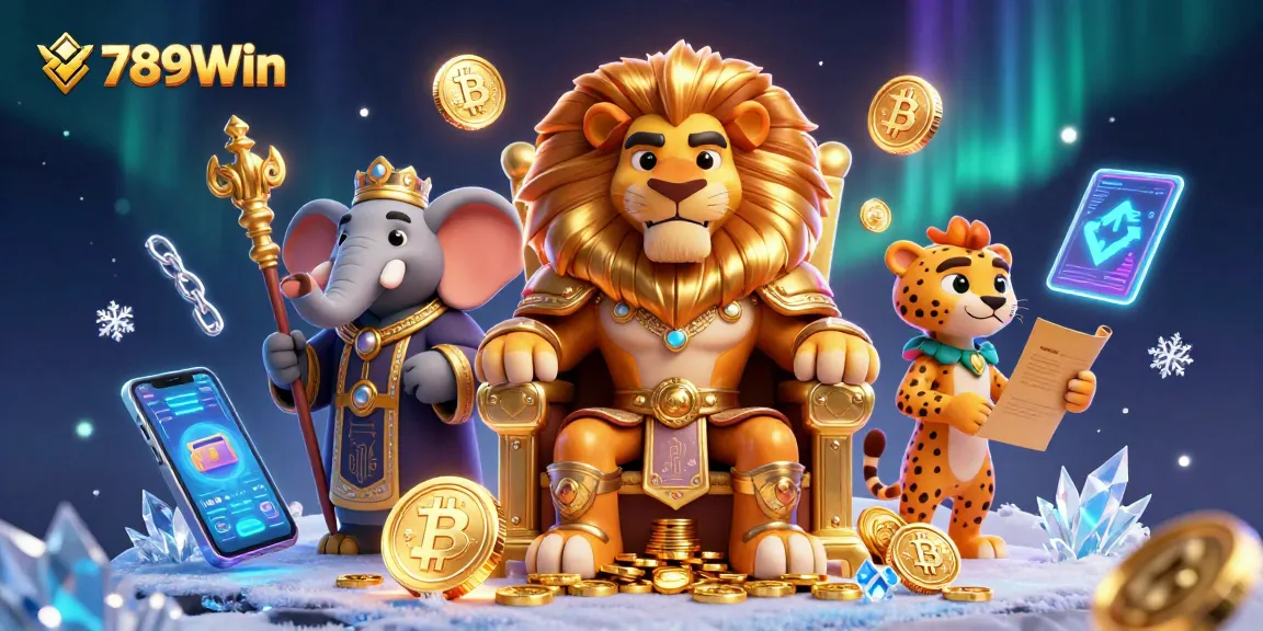 Exciting 789Win casino scene showcasing a lion king with gold coins and cryptocurrency elements.