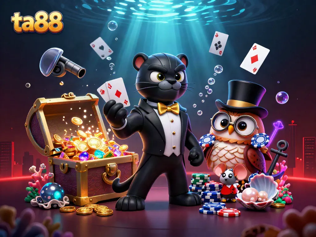 Engage with ta88's thrilling casino experience featuring a stylish panther dealer and a lucky mouse.
