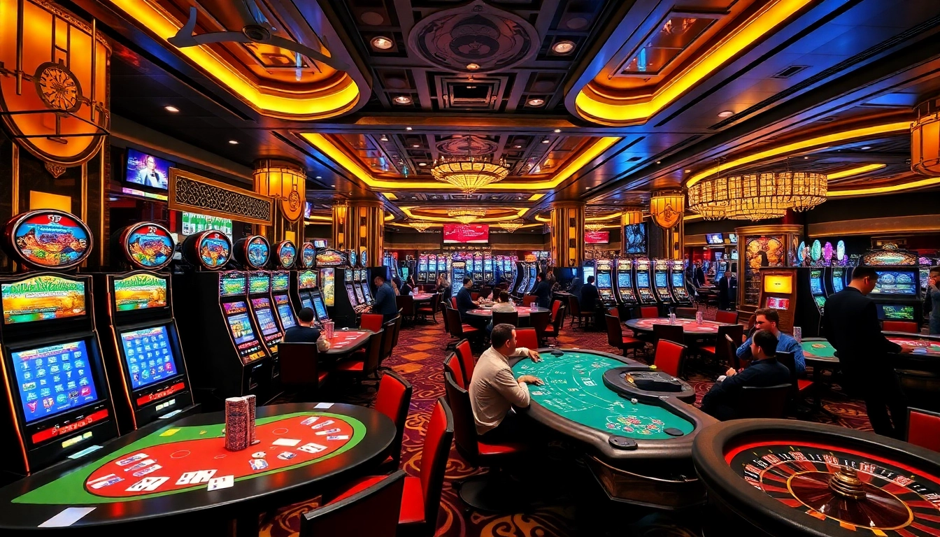 Exciting gaming scene at lc88 casino with vibrant slot machines and poker tables