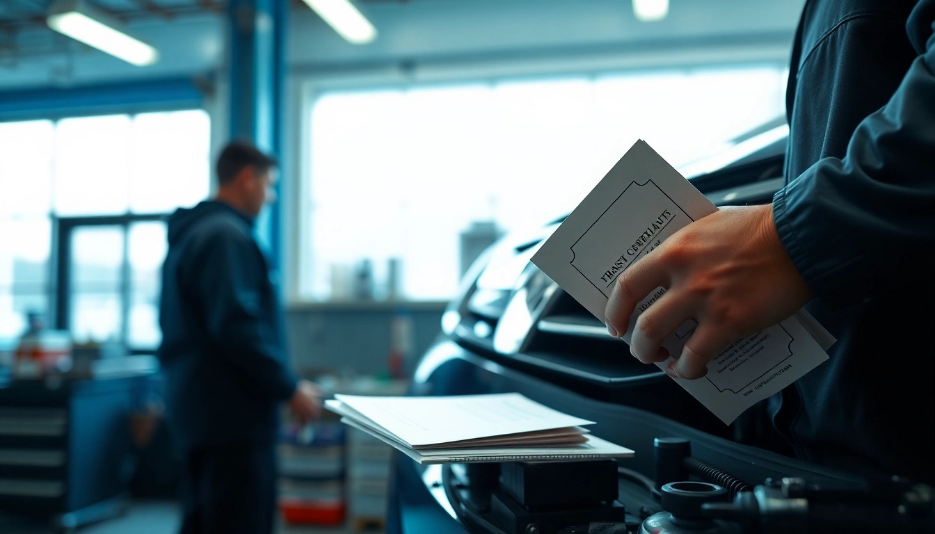 Explore monthly car warranty plans with a mechanic reviewing options in a professional setting.