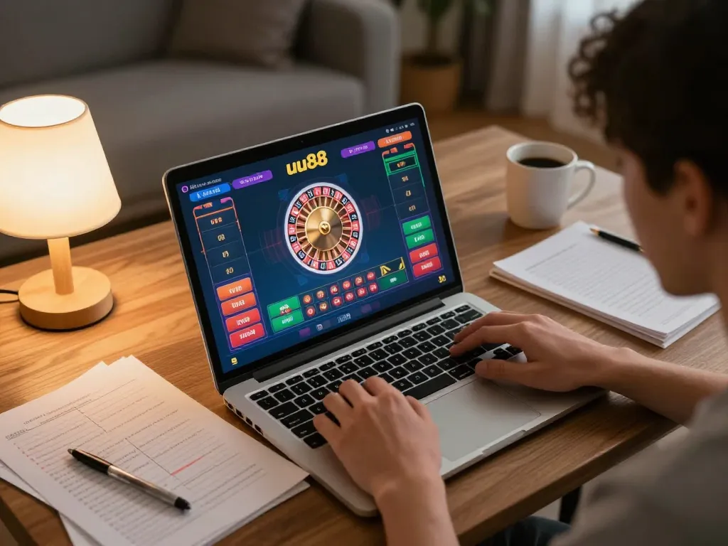 Player engaging in an online roulette game at uu88 with strategic notes and a cozy atmosphere.