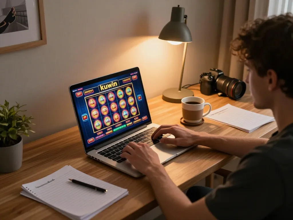 Kuwin player spinning colorful online slot game reels at cozy home desk with strategy notes