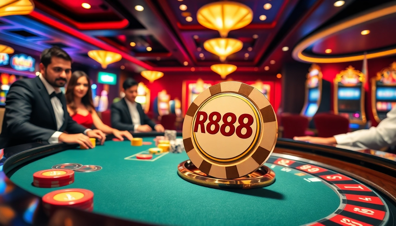 Exciting casino environment with RR888 poker chips, roulette, and players immersed in gameplay.