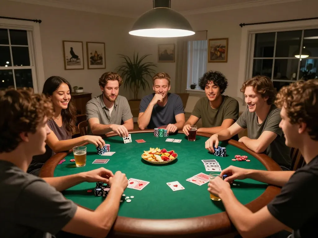 Friends playing poker in a cozy setting, showcasing an engaging LLwin gaming night with lively atmosphere.