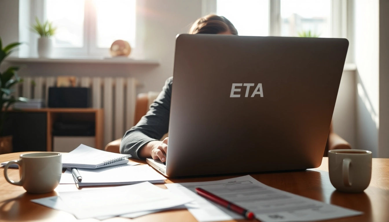 Submitting the eta uk application form while working in a vibrant home office.