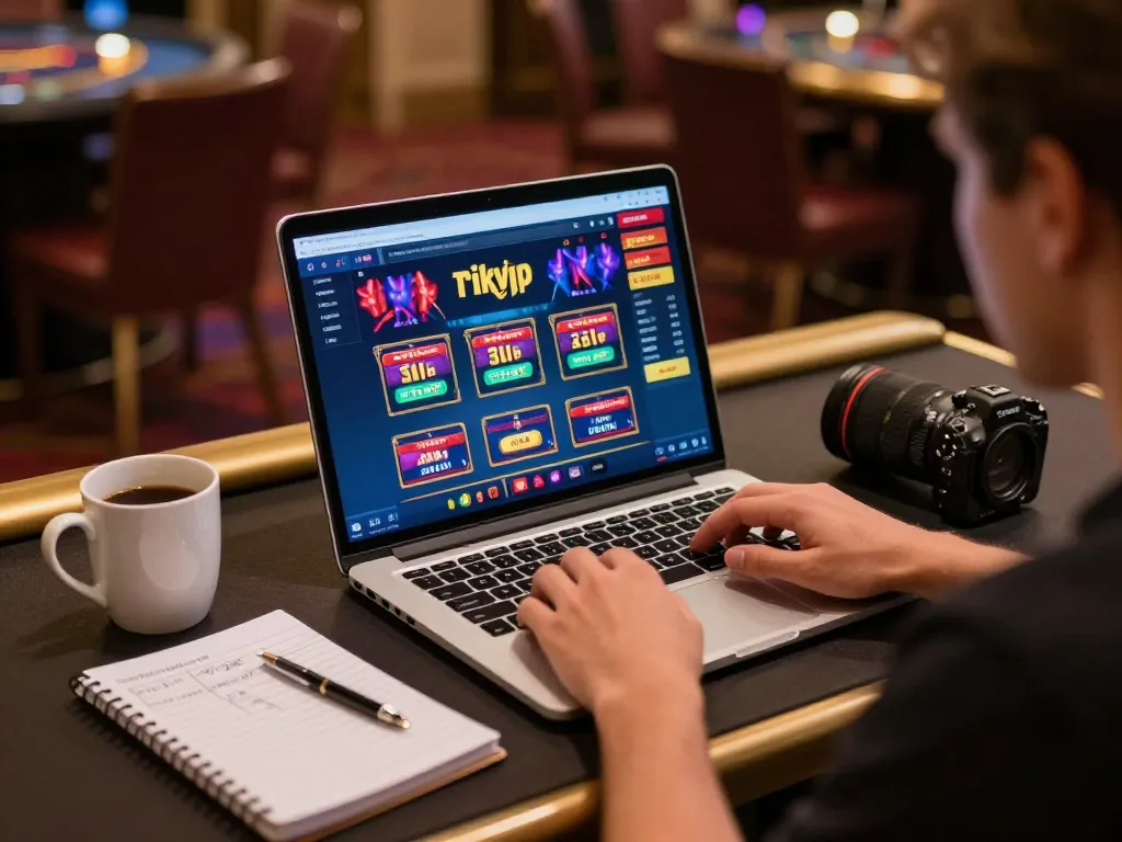 Player enjoying rikvip games on a laptop at a stylish home gaming setup, highlighting strategic gameplay and comfortable atmosphere