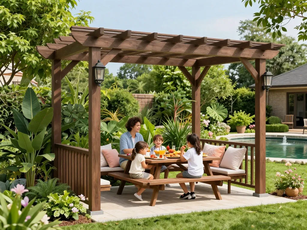 3D pergola enhancing family time in a bright garden setting.