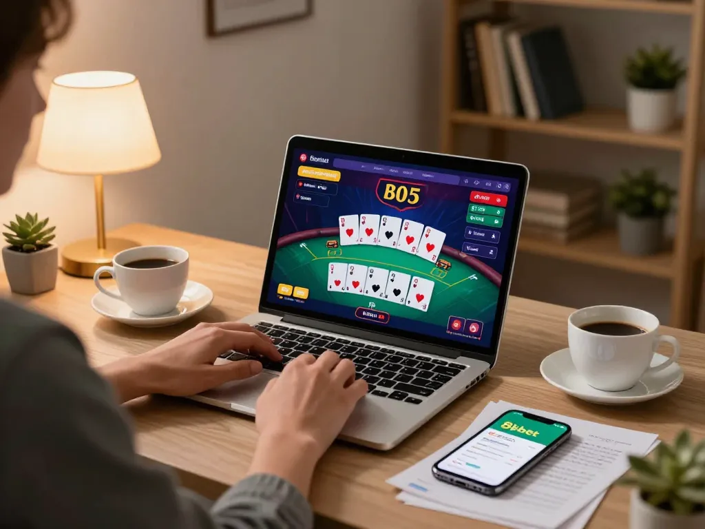 Engaging poker game interface on 8kbet app displayed on laptop, person strategizing with notes.