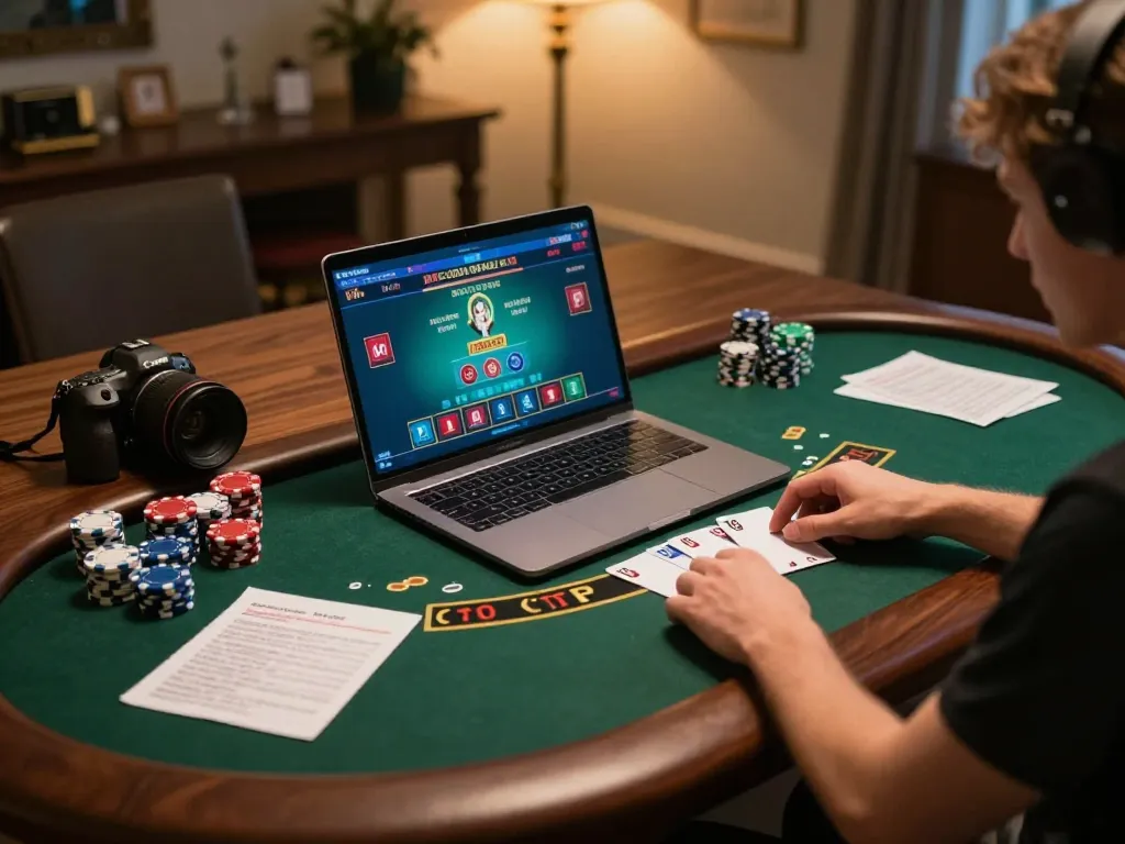 Player engaging in strategic blackjack at home showcases Hbet’s online gaming experience