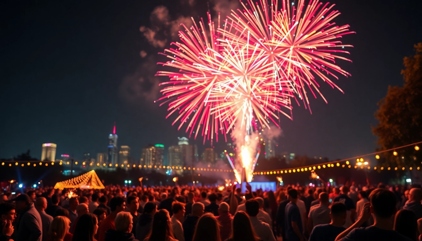 Crowd enjoying cheap fireworks near me displayed in a vibrant night sky during a festival.
