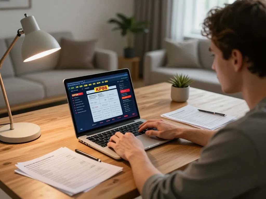 Engage in strategic gameplay on https://kp88.space/ with a laptop displaying betting interface and cozy ambiance.