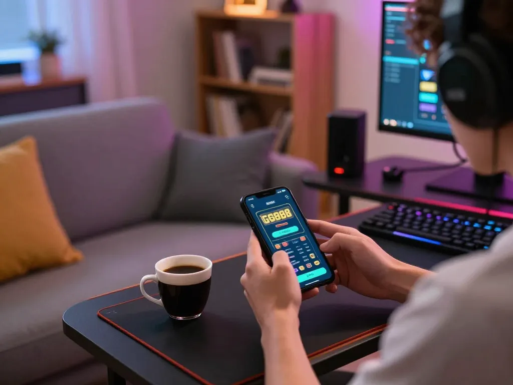 Engaged player using the GG888 mobile app for live casino games on a stylish sofa.