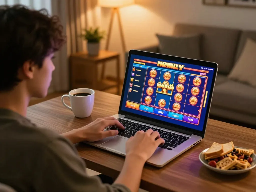 Engaging in Slot Malaysia gameplay at home with a cozy setup on a laptop, snacks, and warm lighting.
