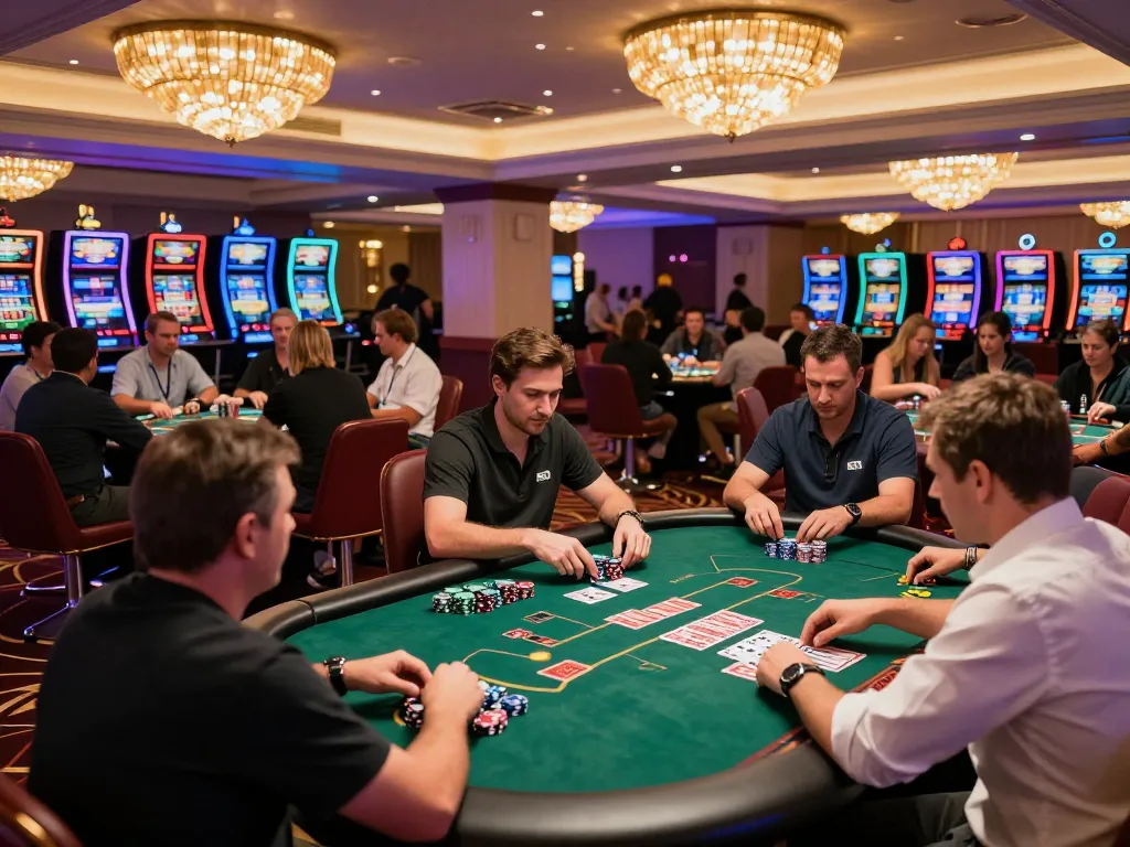 A dynamic gaming scene at rr88c's bustling casino, showcasing players engaged in poker and colorful slot machines in background.